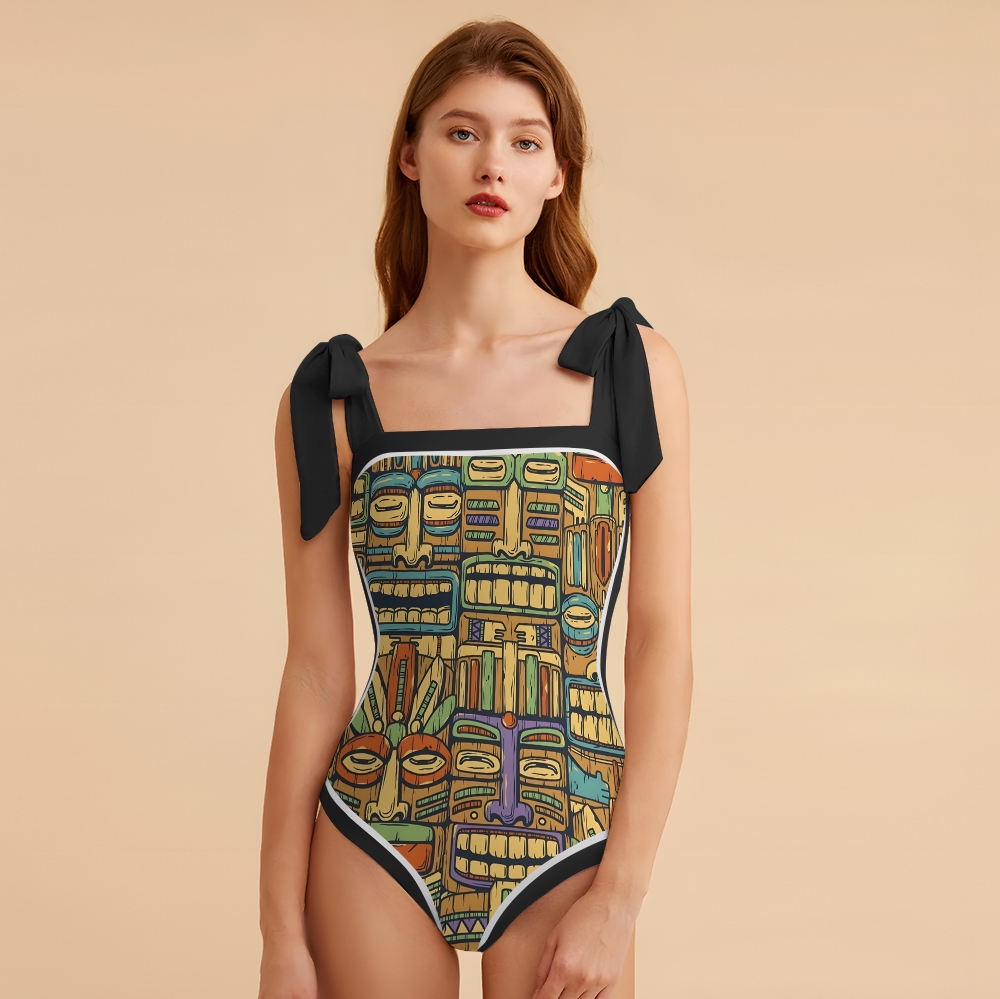 Boho Tribal Print One-Piece Swimsuit with Matching Sarong Skirt