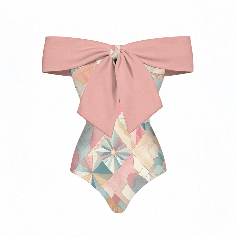 Pastel Geometric Bow Detail One Piece Swimsuit and Tiered Maxi Skirt Set