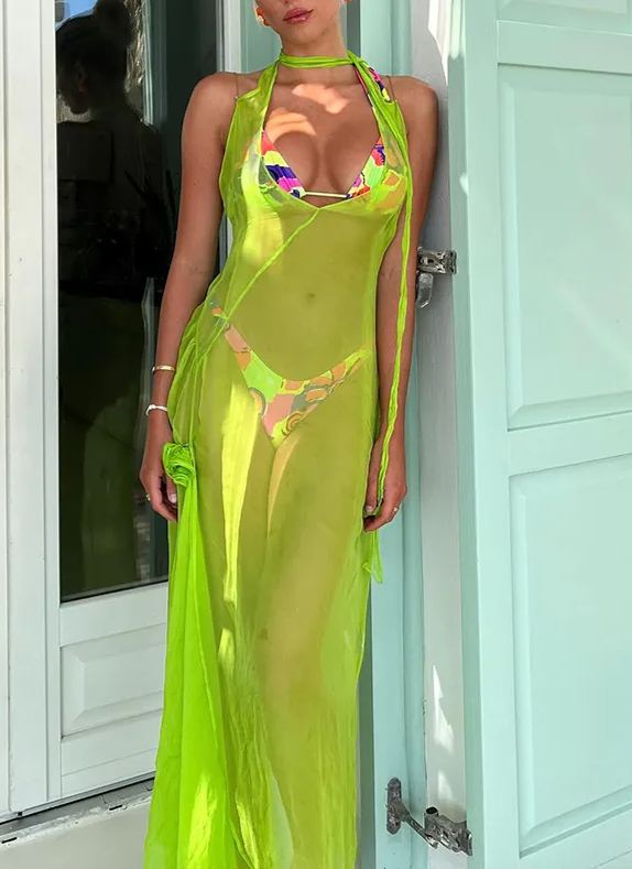 Sexy Color Block Print Beach Bikini and Long Halterneck Dress