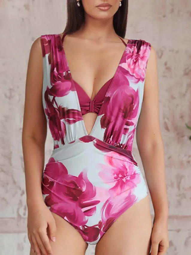 Abstract Floral Printed Two-piece Swimsuit and Skirt