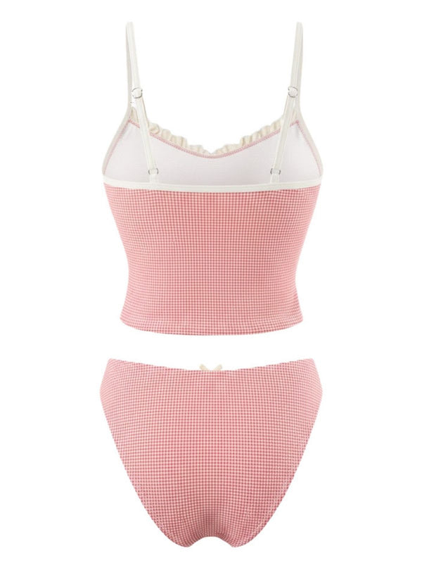Checkered Lace Trim Tankini Set