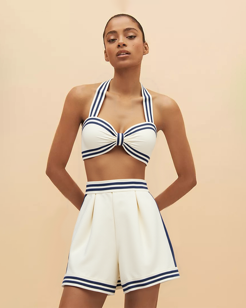 Navy Style Printed Bikini Swimsuit And Shorts