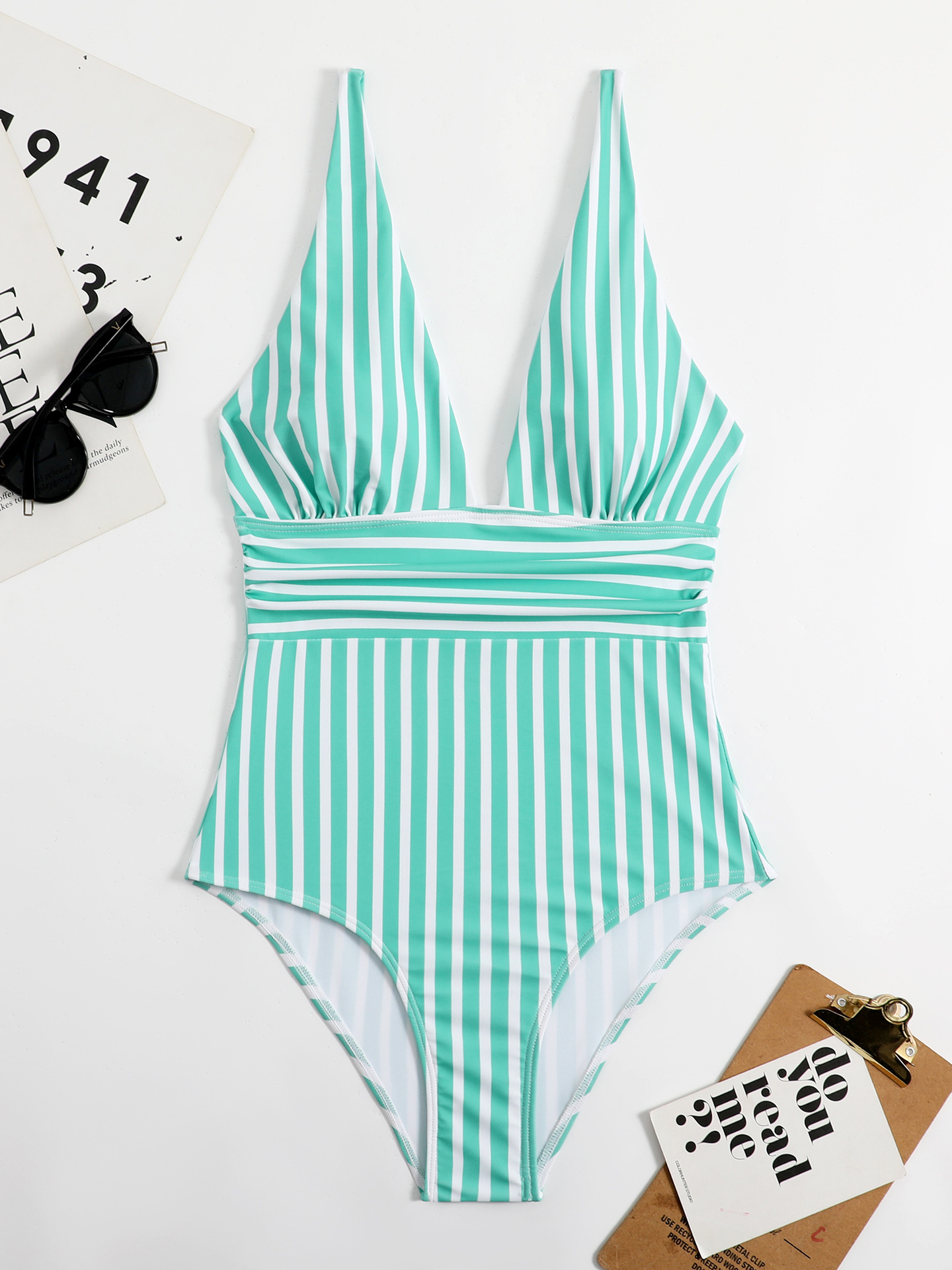 Sexy Striped V-Neck Waist-Defining One-Piece Swimsuit