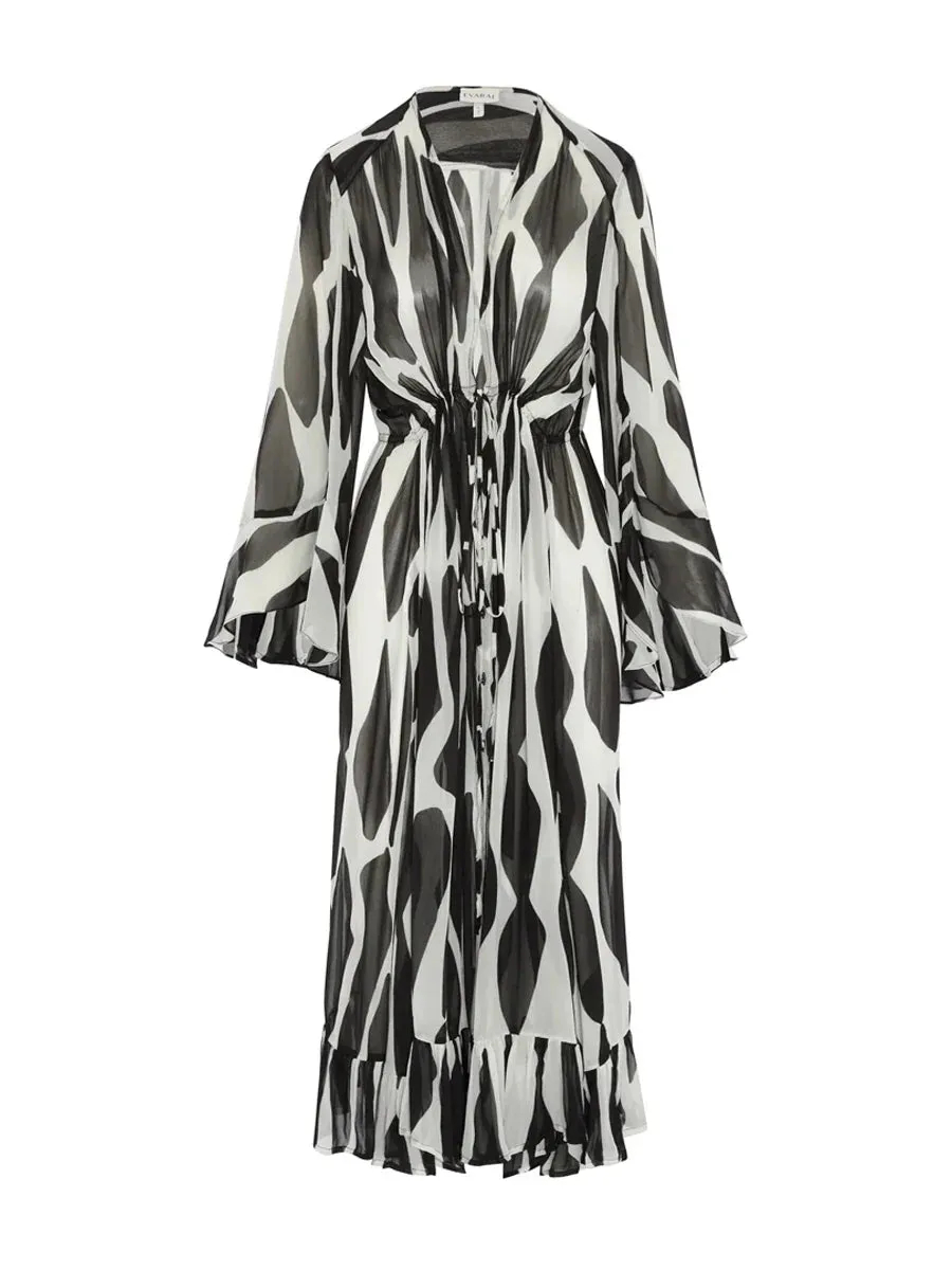 Milky White Swimsuit with Black & White Print Long Cover-Up
