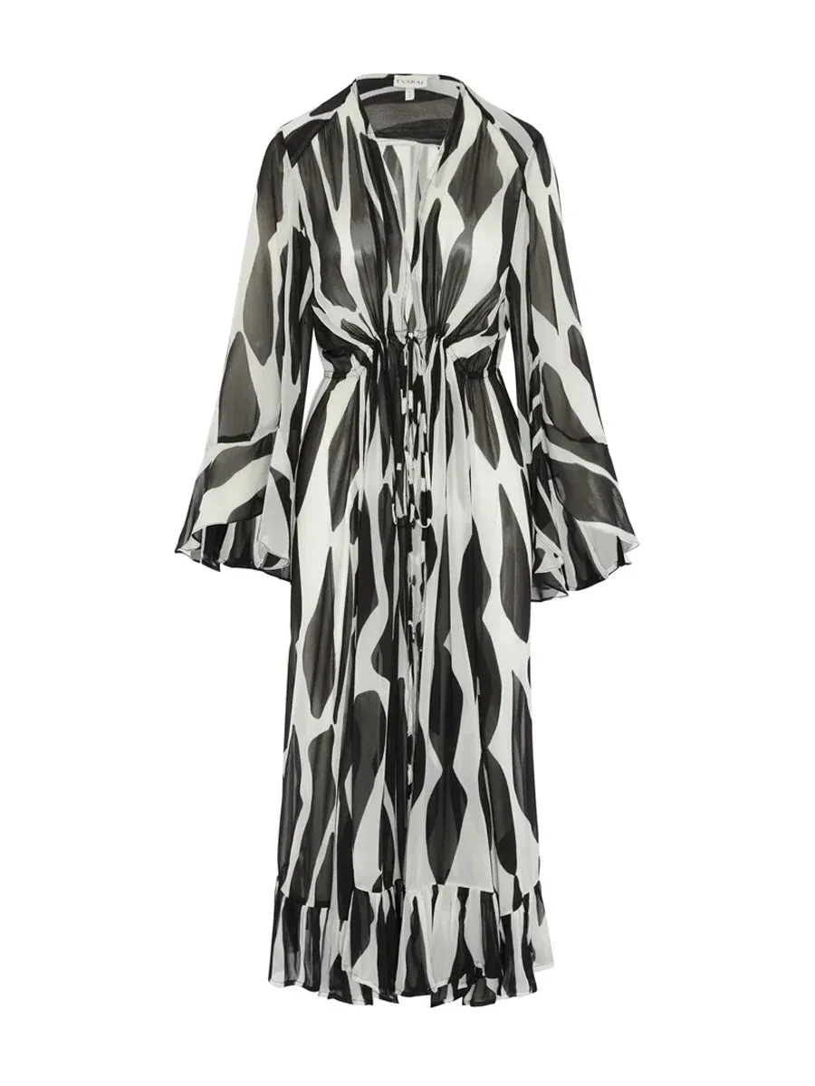 Milky White Swimsuit with Black & White Print Long Cover-Up