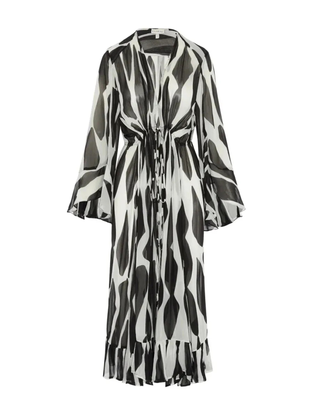 Milky White Swimsuit with Black & White Print Long Cover-Up