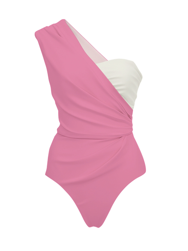 Asymmetric Pink and White Frilled Swimsuit and Skirt