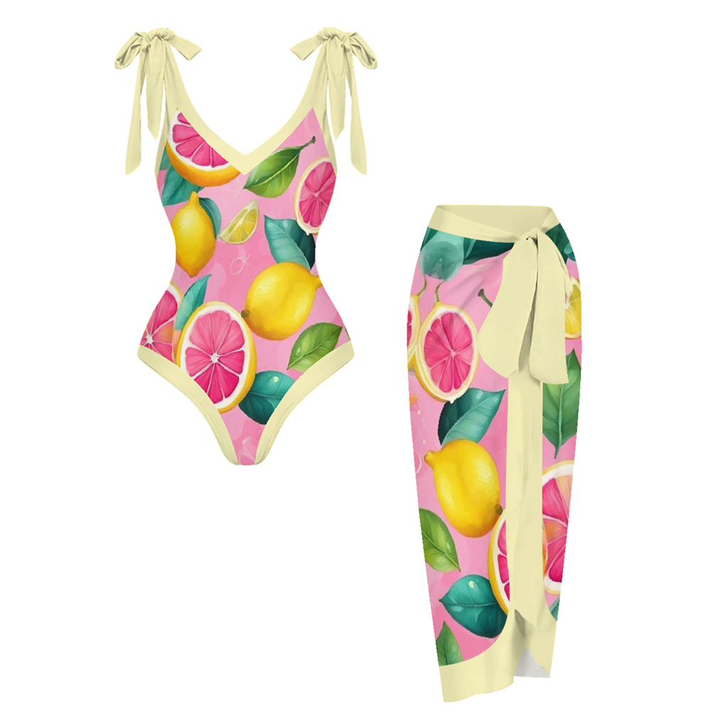 Pink Lemon Grapefruit with Tie Cover Up Skirt Swimsuit Set