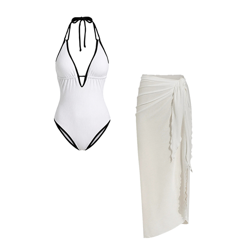 Contrast Halter Backless Swimsuit with Irregular Ruffle Sarong