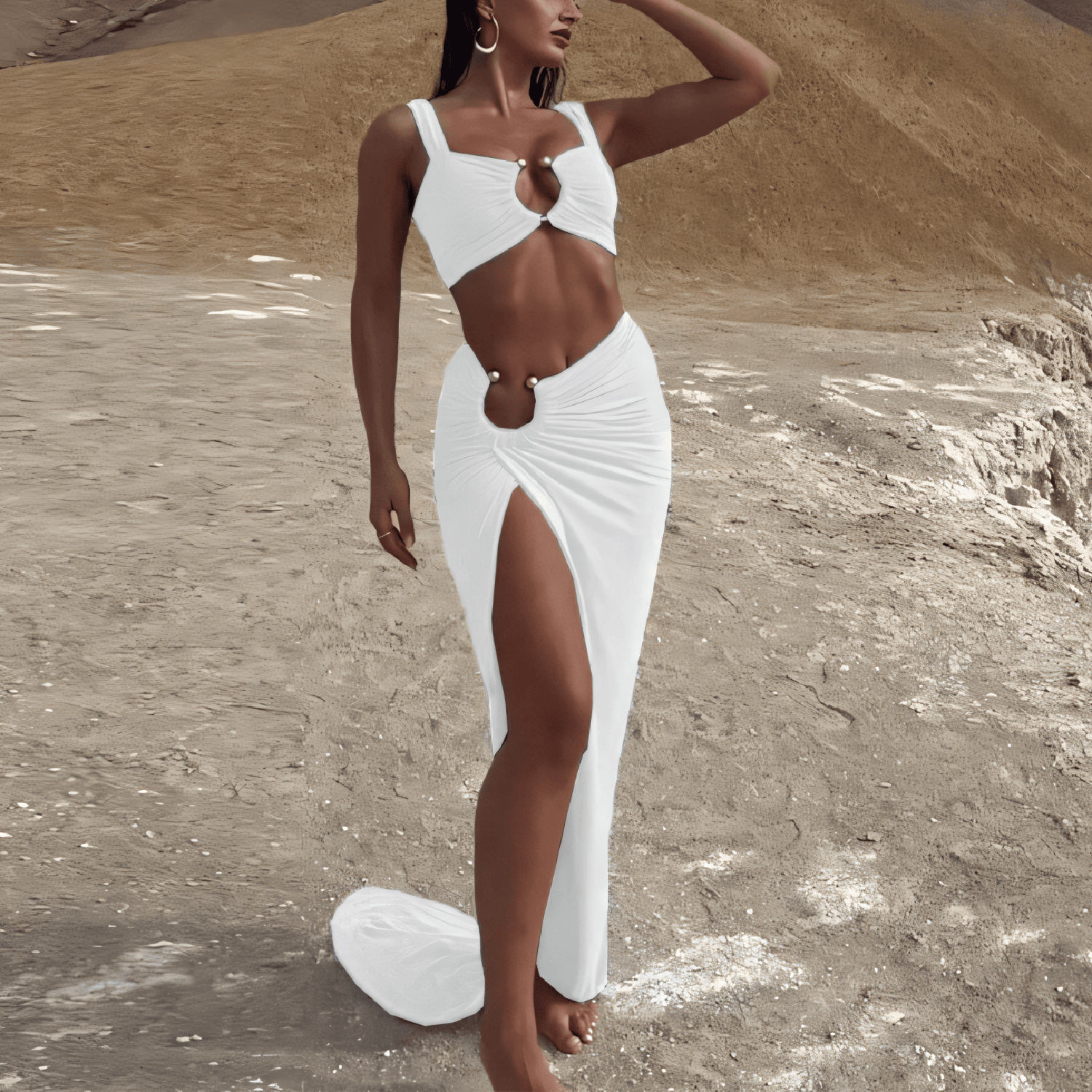 Criss-Cross Front Ring-Detail Long Skirted One-Piece Swimsuit