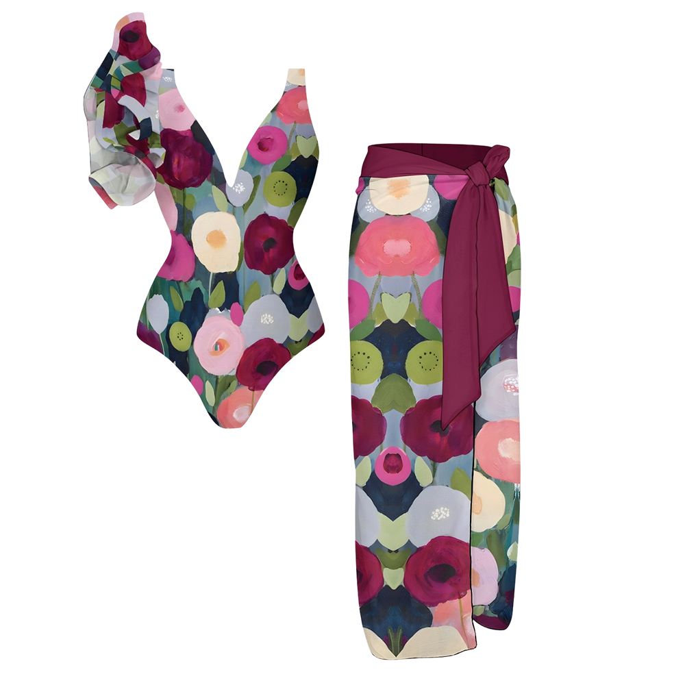 Women's Dark Bloom Print Ruffle One-Piece Swimsuit and Skirt