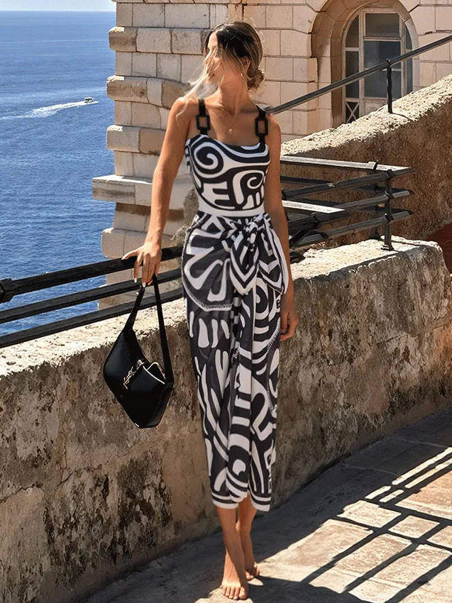 Adjustable Shoulder Straps Black Tribal Print Swimsuit Set