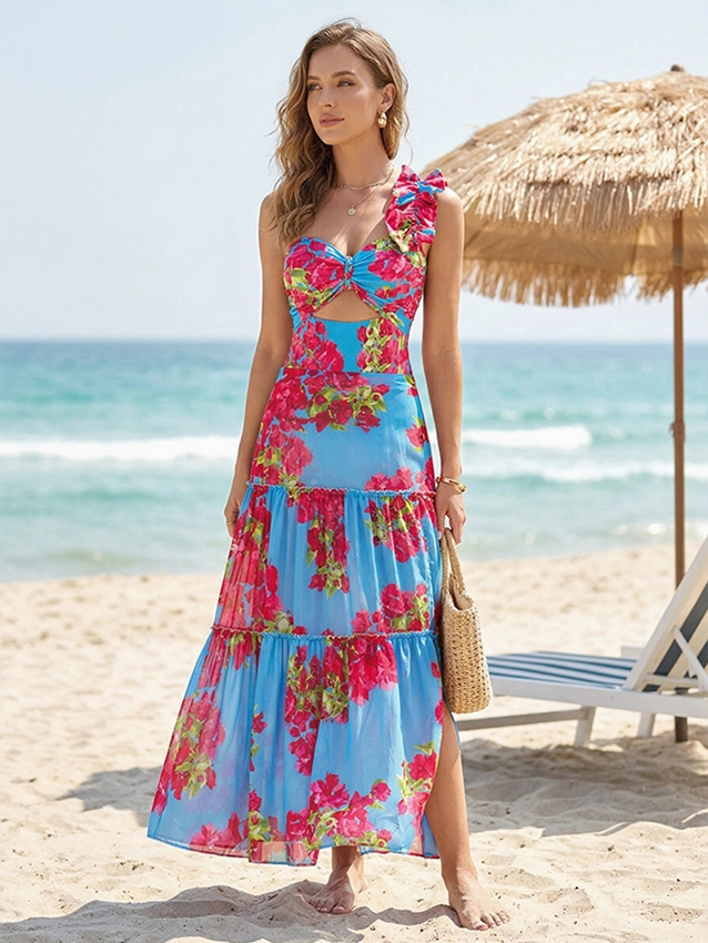 Ruffle Bougainvillea Flower Printed Swimsuit and Skirt