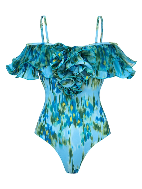 Lake Blue Water Lily Print Off Shoulder One-Piece with Ruffle Maxi Skirt