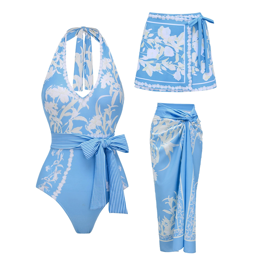 French Vacation Blue Floral Print Halter One-Piece with Tie Sarong