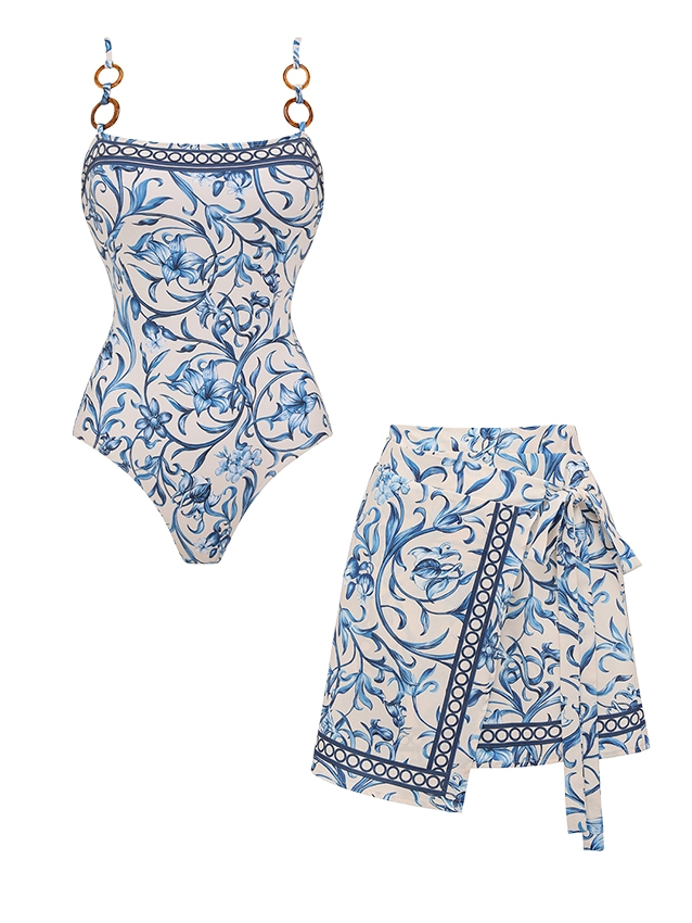 Baroque Floral Metal Ring Back Tie One-Piece with Wrap Skirt