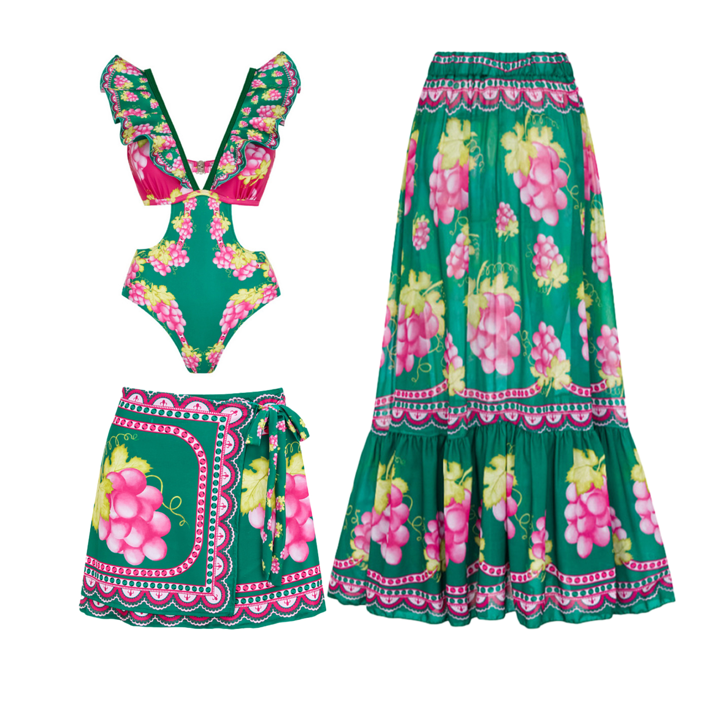 Women's Plunging V-Neck and Vintage Print One-Piece Swimsuit with Skir