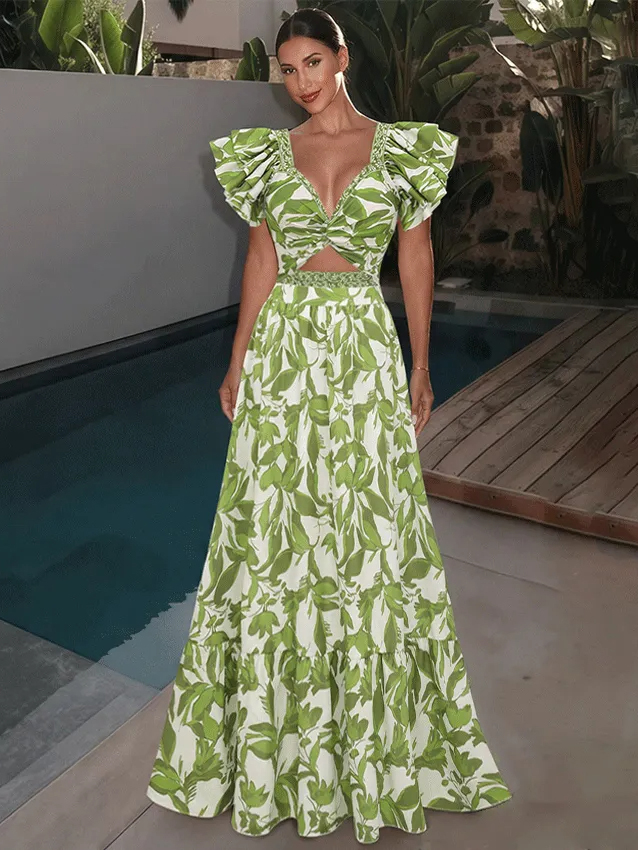 Ruffle V Neck Green Print Cut Out Swimsuit Set