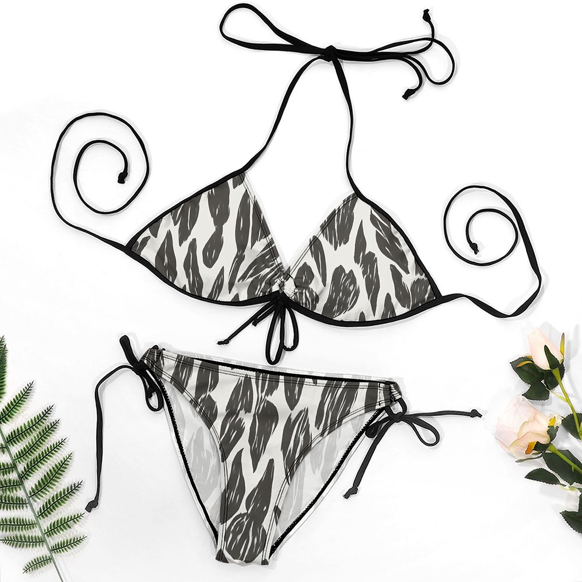 Minimalist Black and White Leaf Print Bikini with Matching Sarong Skirt