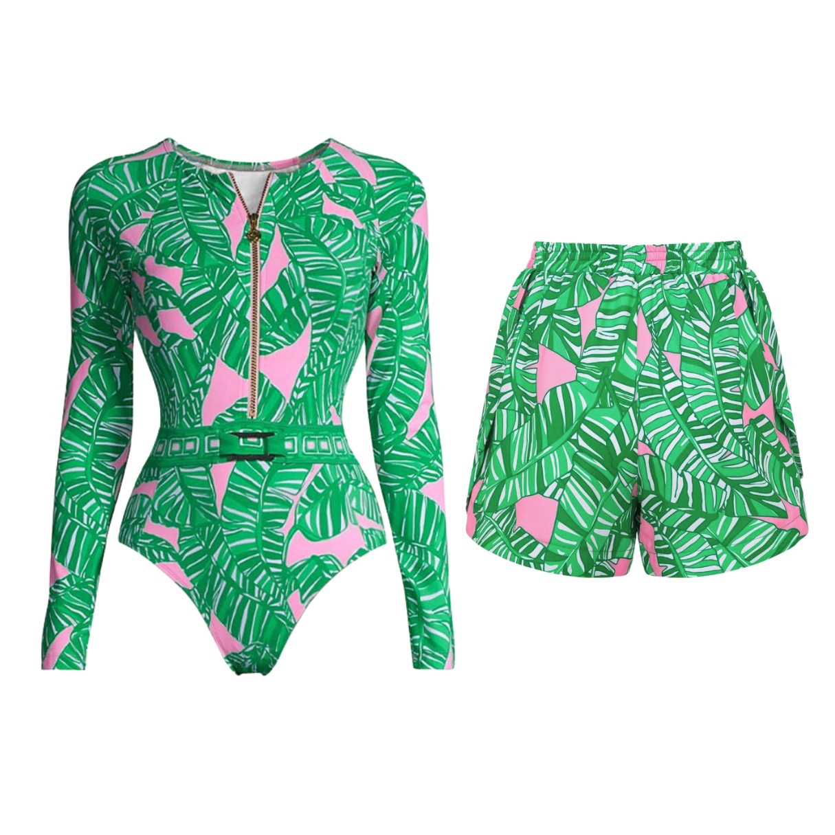 Women's New Long Sleeve Zip-Front Swimsuit with Green Print One-Piece Swimsuit with Skirt or Shorts