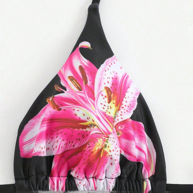Women's Lily Print Bikini Set Two-Piece Swimsuit with Skirt