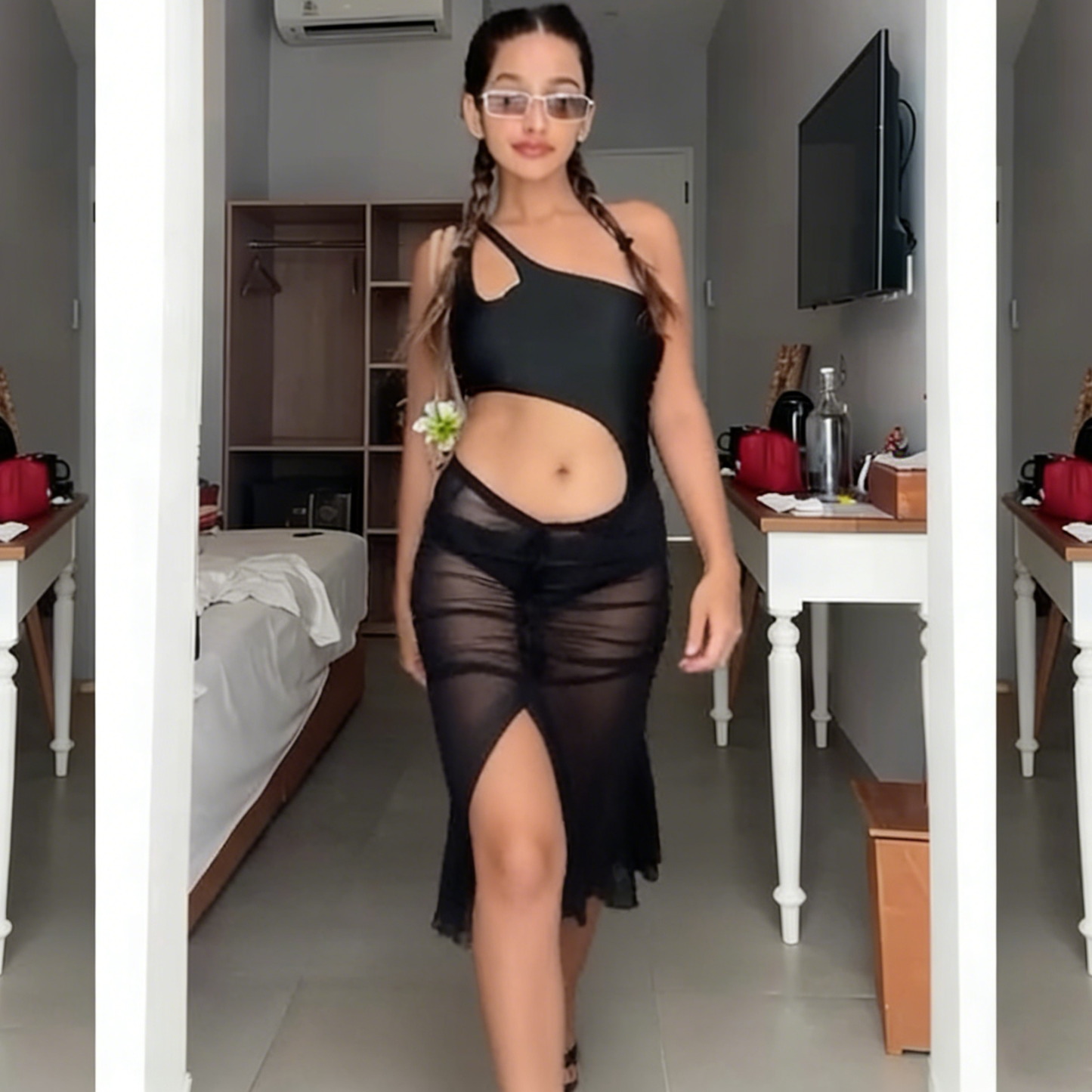 Black One-Shoulder Cut-Out Swimsuit with Sheer Mesh Skirt Set