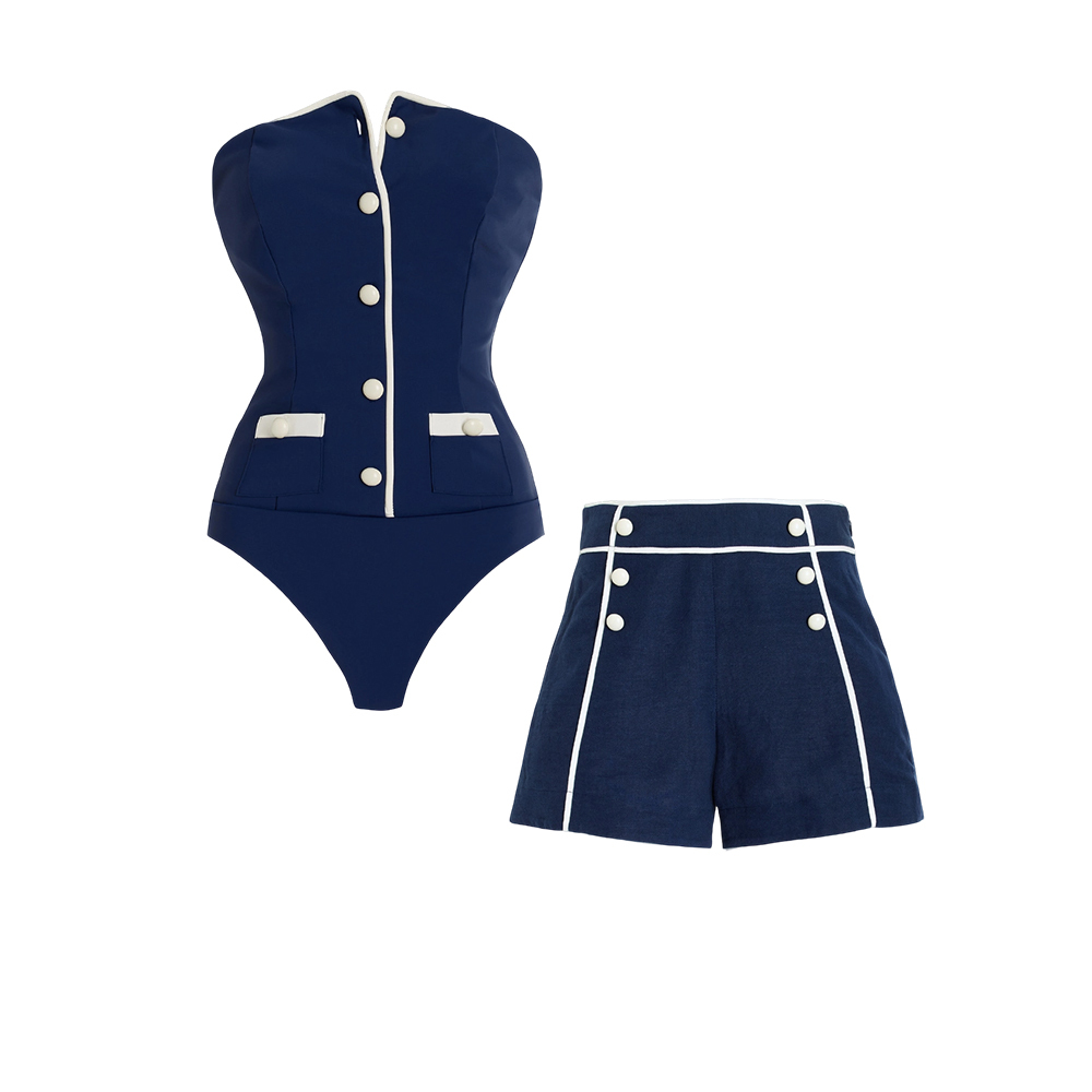 New Navy Bandeau One-Piece Swimsuit & Shorts Set