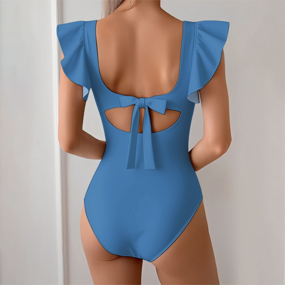 Deep V-Neck Ruffled Sleeve One-Piece Swimsuit and Matching Tie-Waist Wrap Skirt