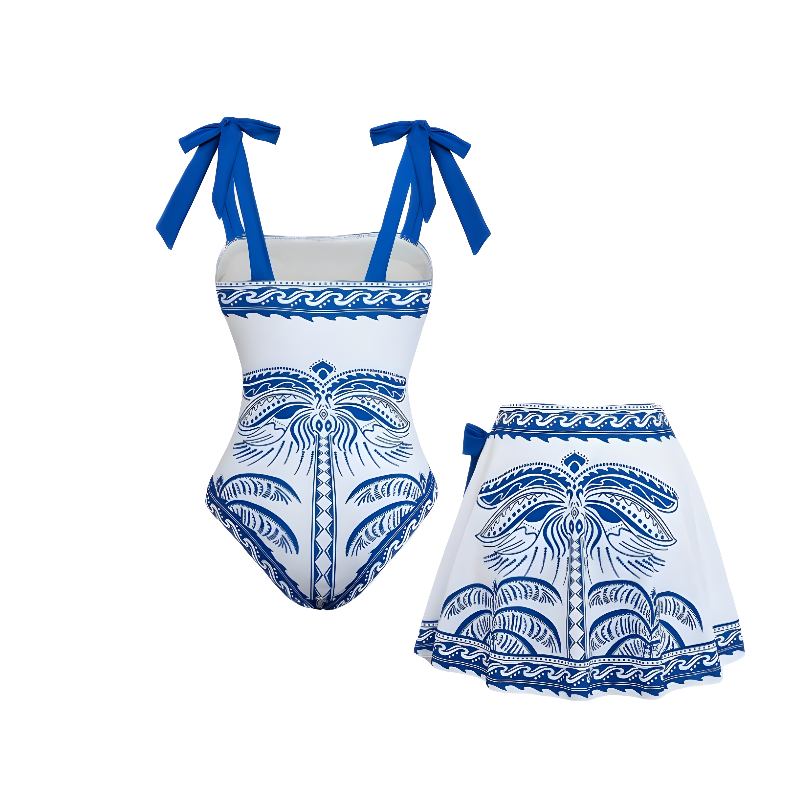 Women's Bohemian Palm Print One-Piece Swimsuit and Matching Skirt