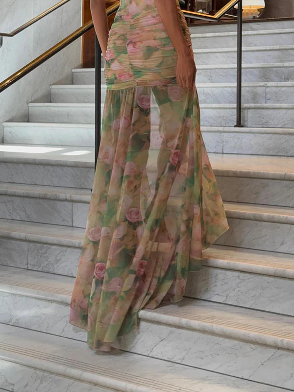 Summer Suspender Print High Waist Slim Slit Mi DiDress