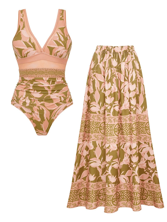 Tropical Floral One-Piece with Wide-Leg Pants and Skirt Set