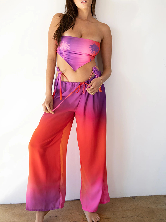 Grandient Palm Tree Printed Bikini and Pants Cover-up