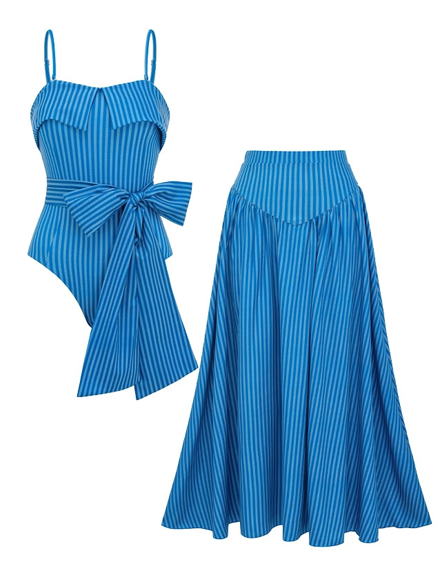 Retro Stripe Convertible Bandeau One-Piece with Matching Skirt