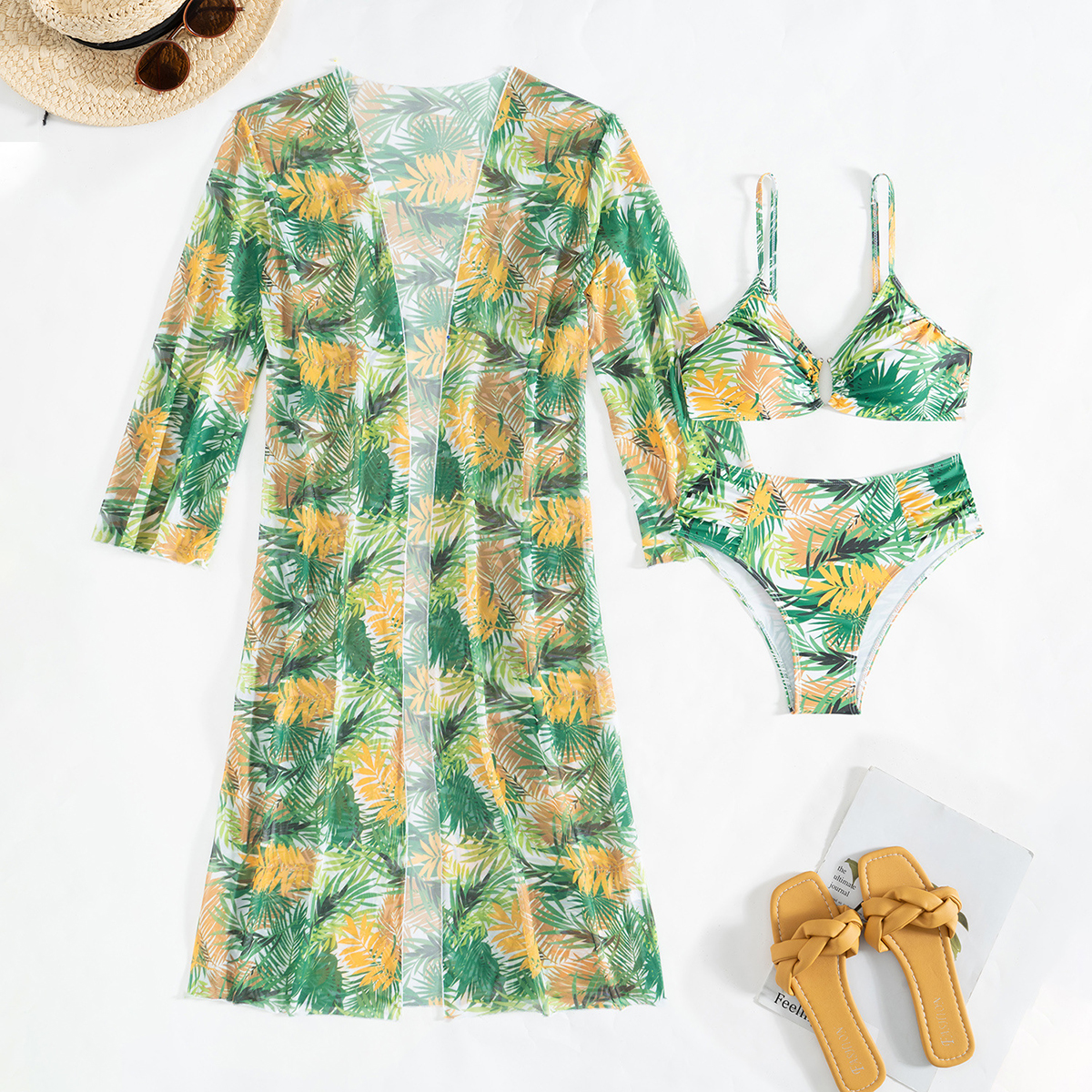 Tropical Print Three Piece Bikini Set with Side Tie Bottom and Sheer Cover-Up