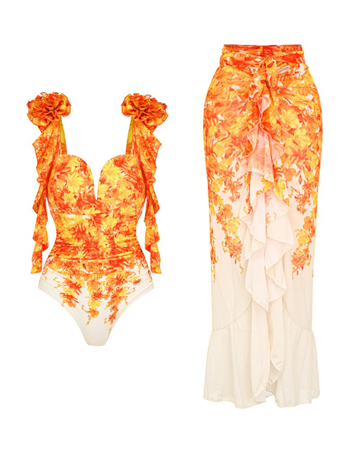 Deep V Yellow Lily Print 3D Flower Tassel One Piece Swimsuit and Sarong