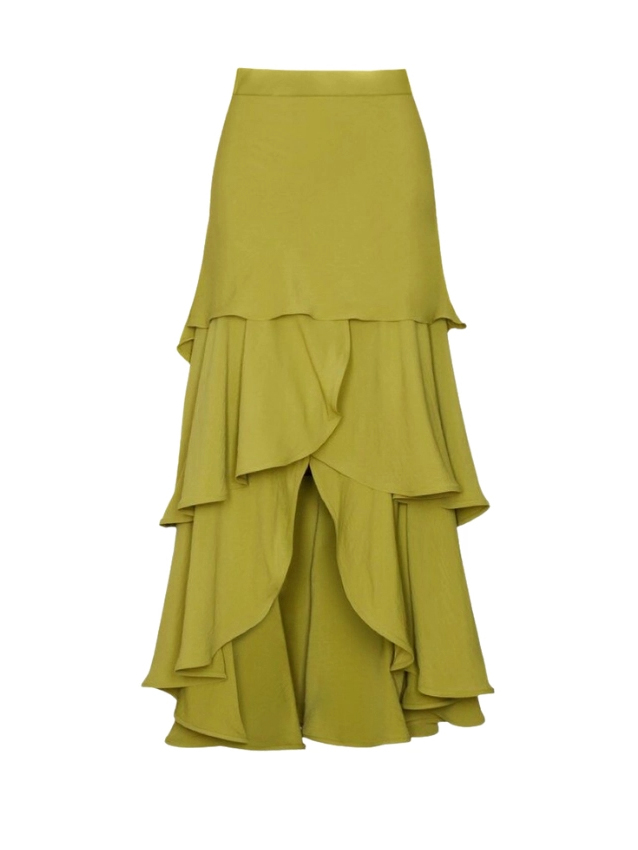Retro Mustard Yellow Twist Strap Bandeau One Piece Swimsuit with Asymmetrical Ruffle Maxi Skirt Set