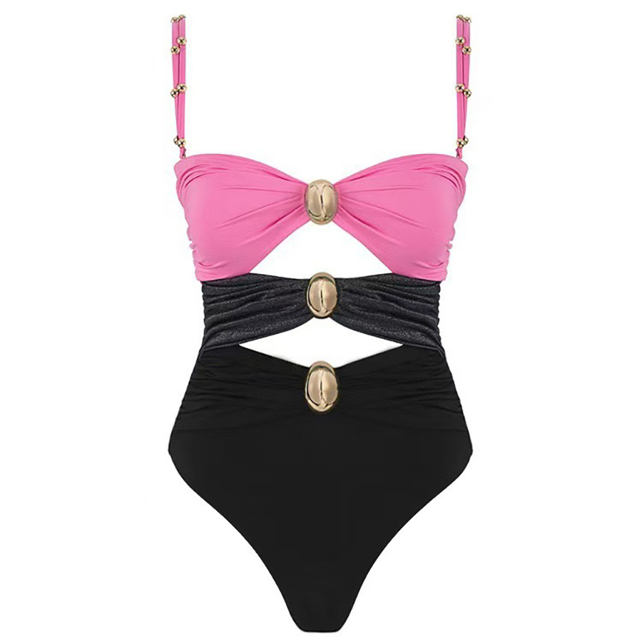 Colorblock One Piece Swimsuit with Gold Accents Detail and Matching Wrap Skirt