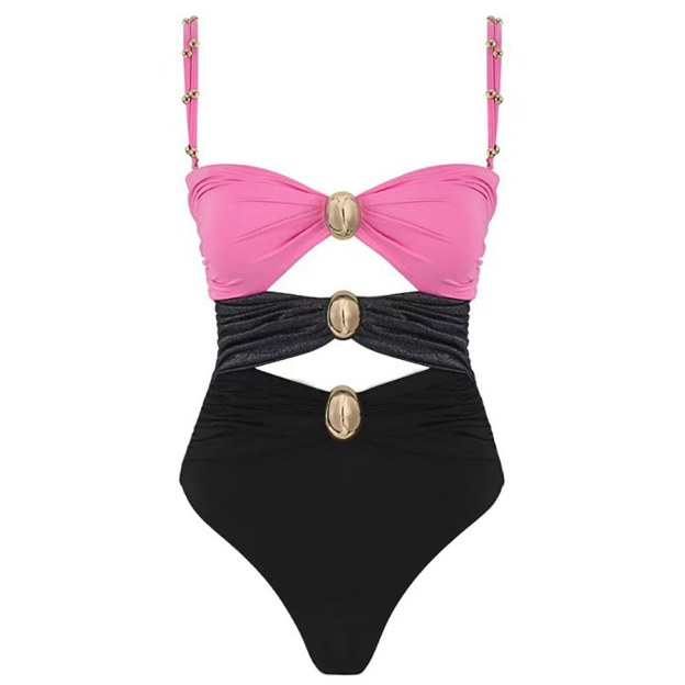 Colorblock One Piece Swimsuit with Gold Accents Detail and Matching Wrap Skirt