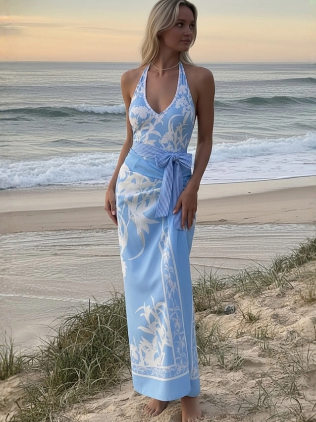 French Vacation Blue Floral Print Halter One-Piece with Tie Sarong