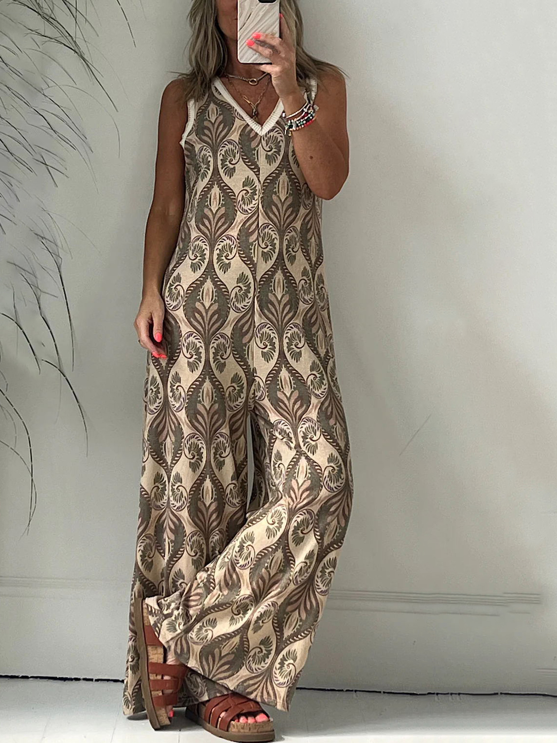 V Neck Sleeveless Printed Casual Wide-leg Pants Jumpsuits