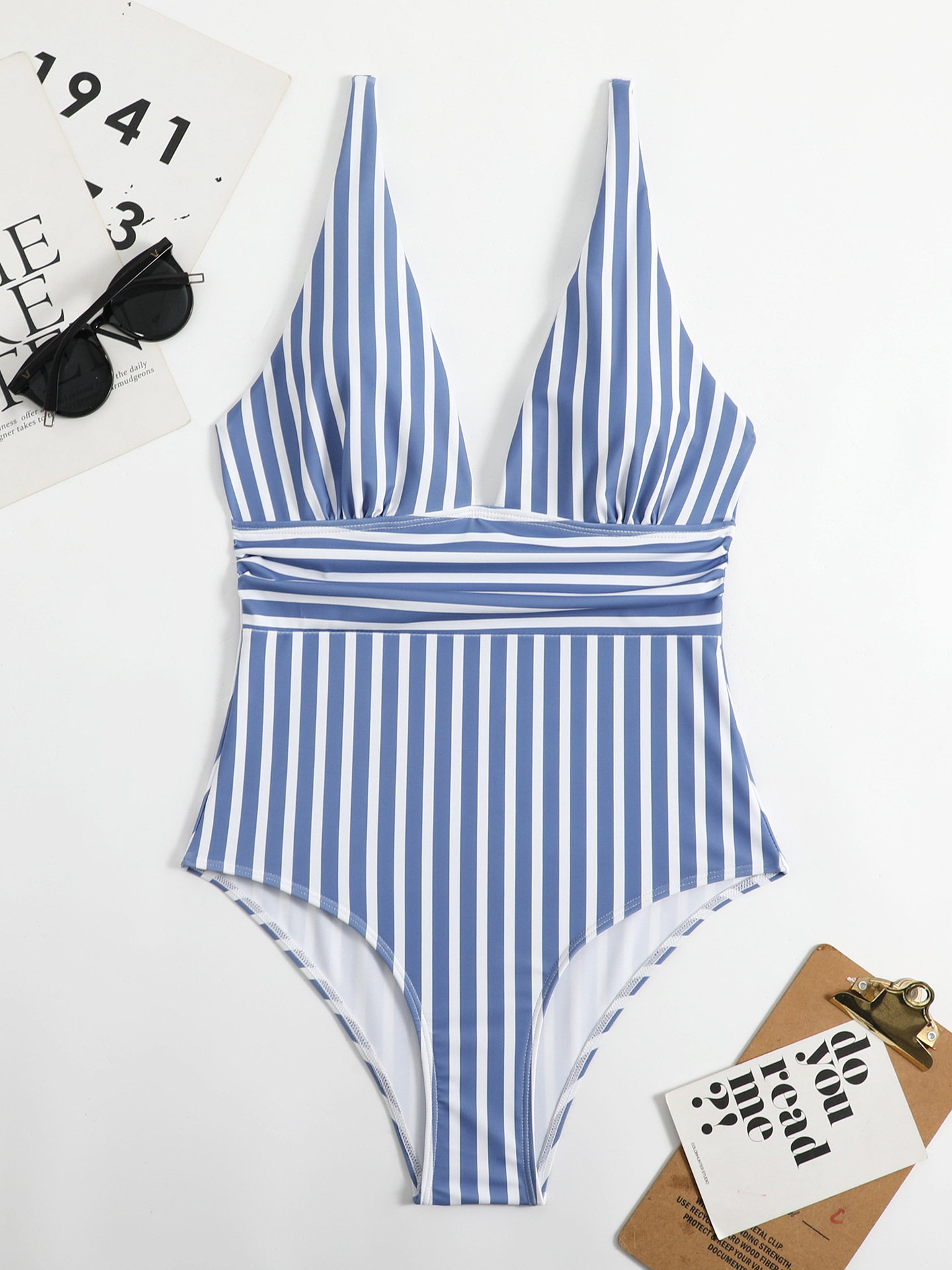 Sexy Striped V-Neck Waist-Defining One-Piece Swimsuit