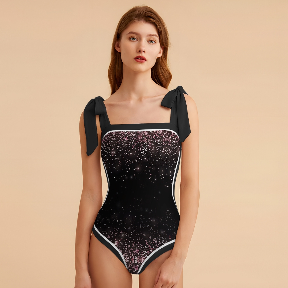Galaxy Print Shoulder Tie One-Piece Swimsuit with Matching Wrap Skirt