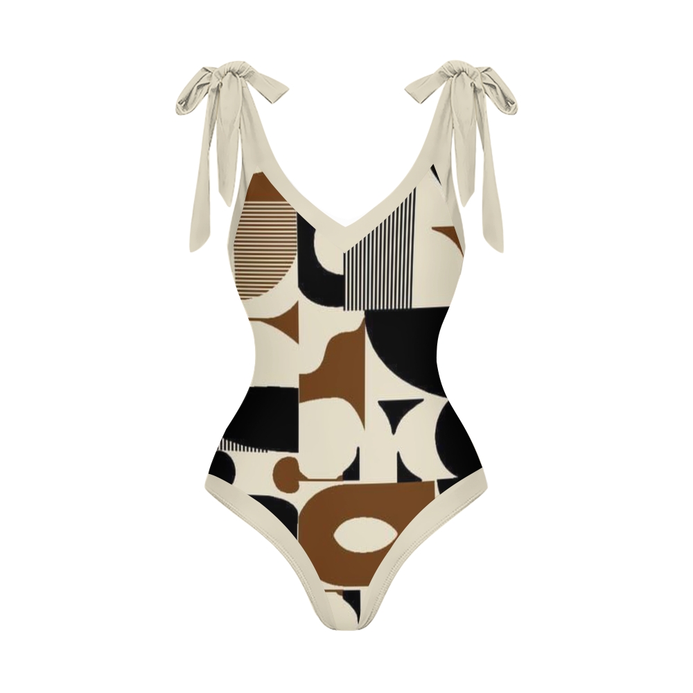 Women's Color-Block Geometric Print V-neck One Piece Swimsuit and Skirt