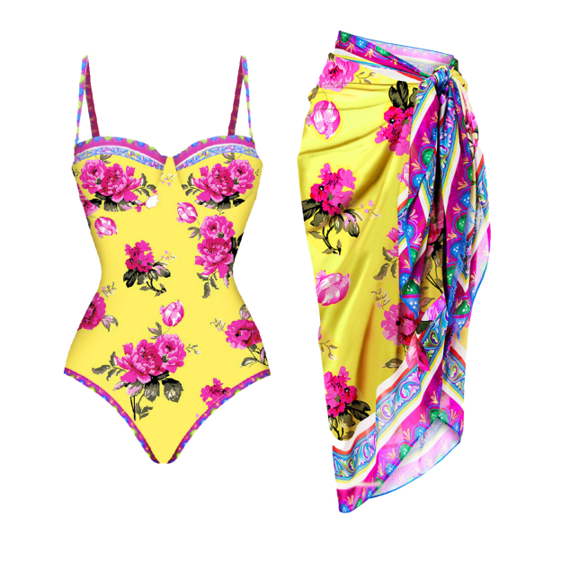Women's Vintage Print One-Piece Swimsuit and Skirt