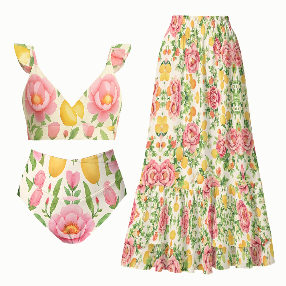 Tropical Fruit Floral Bikini Set with Ruffle Strap Top and High Waist Bottom