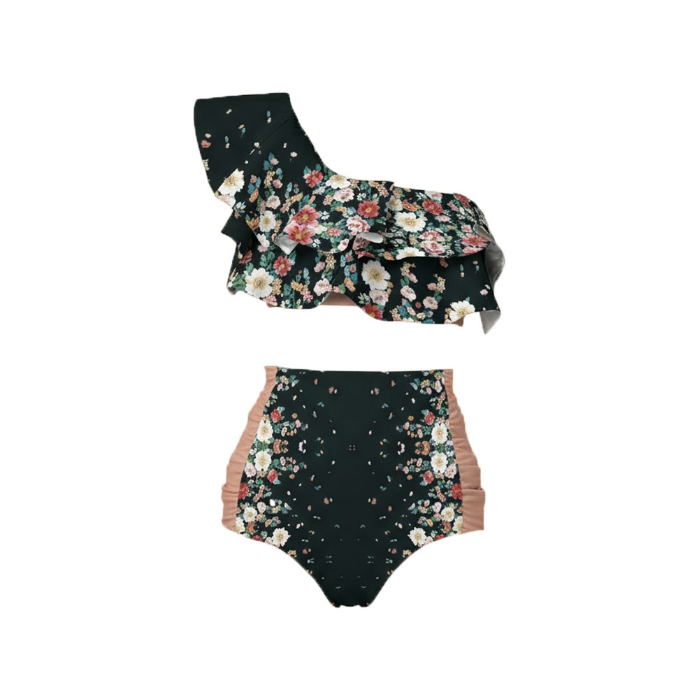 Floral Print One-Shoulder Ruffle High-Waist Bikini with Matching Sarong Skirt