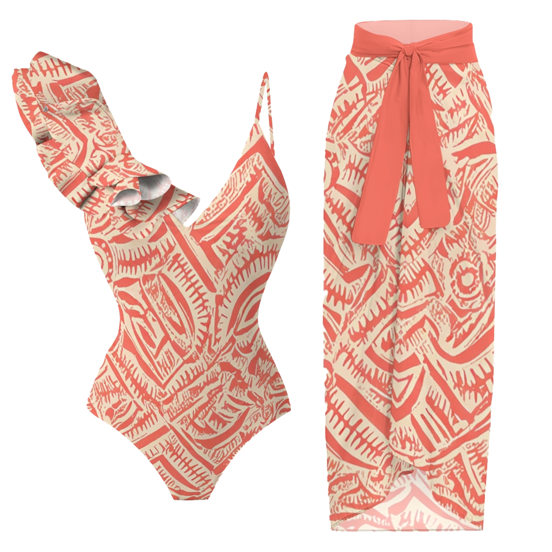 Women's Ethnic Abstract Pattern One-Piece Swimsuit and Matching Skirt