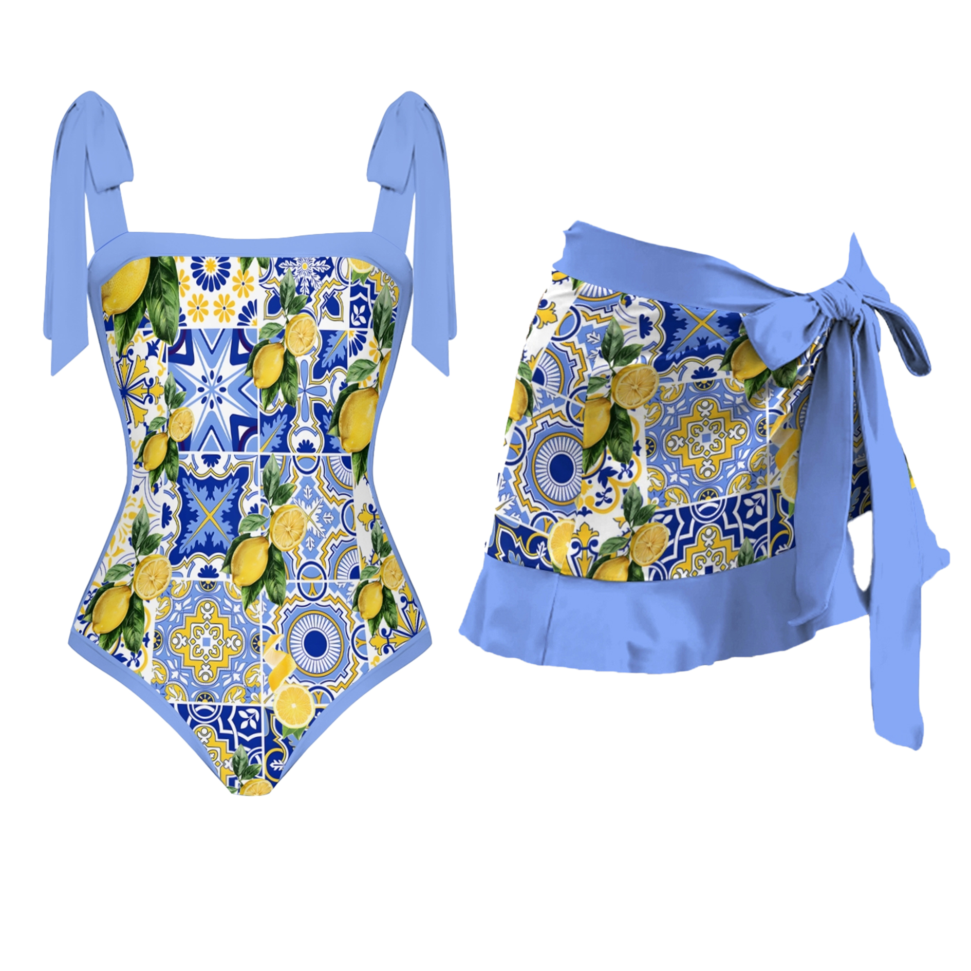Sicilian lemons Tie-shoulder One Piece Swimsuit and Sarong or Skirt
