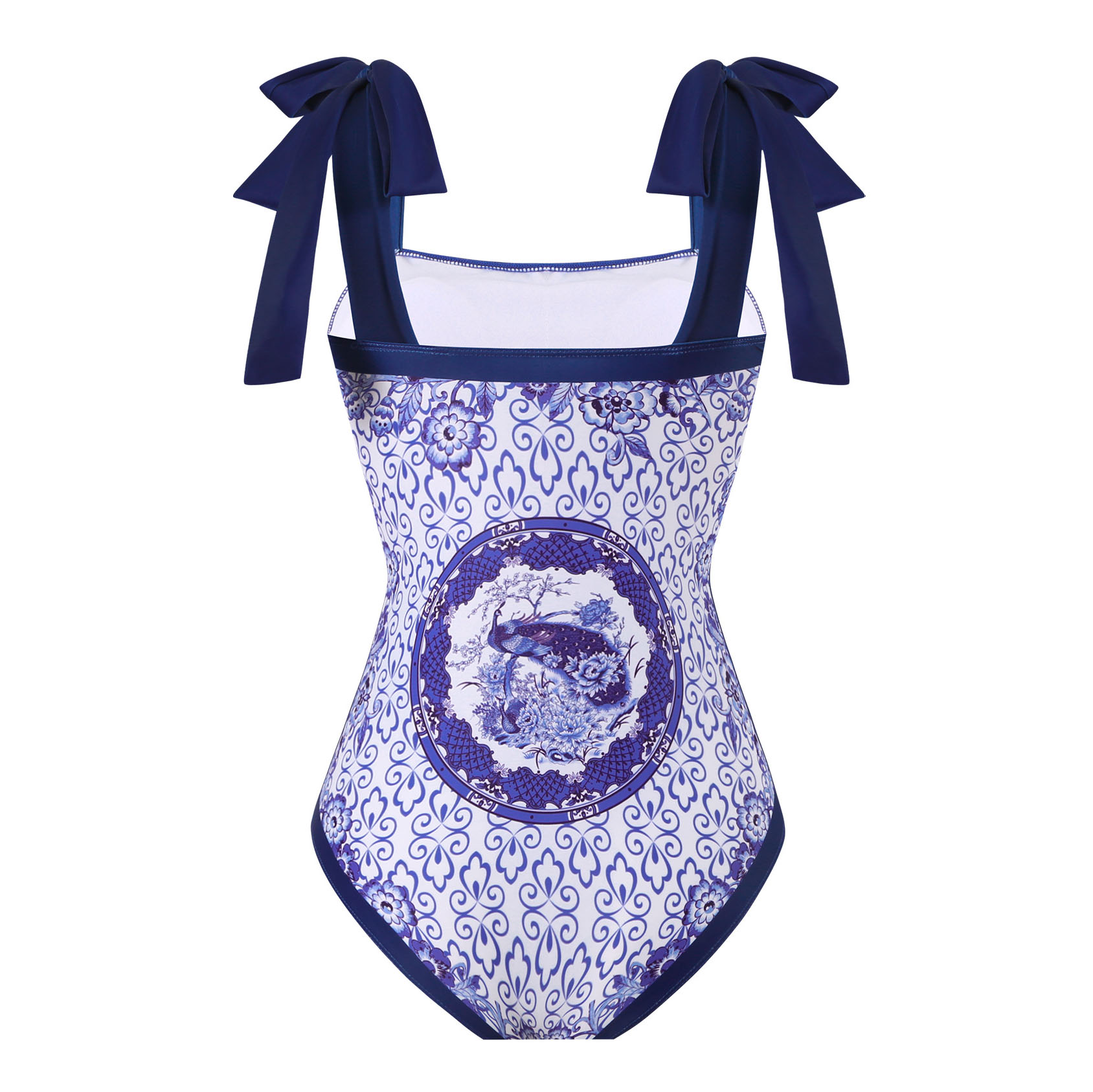 Women's Blue and White Porcelain Print One-Piece Swimsuit and Matching Maxi Skirt