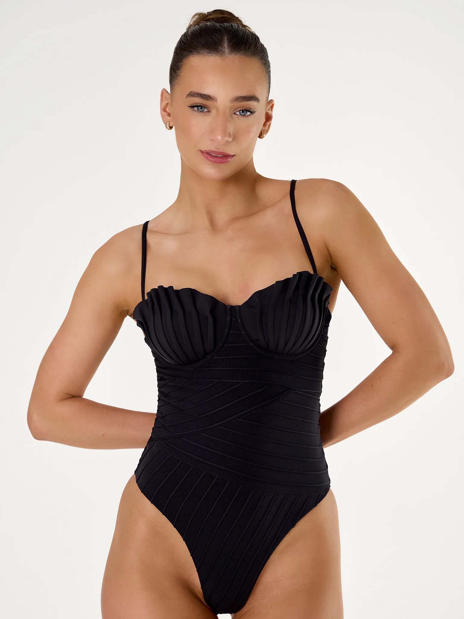 Solid Color Pleated Swimsuit Removable Shoulder Straps